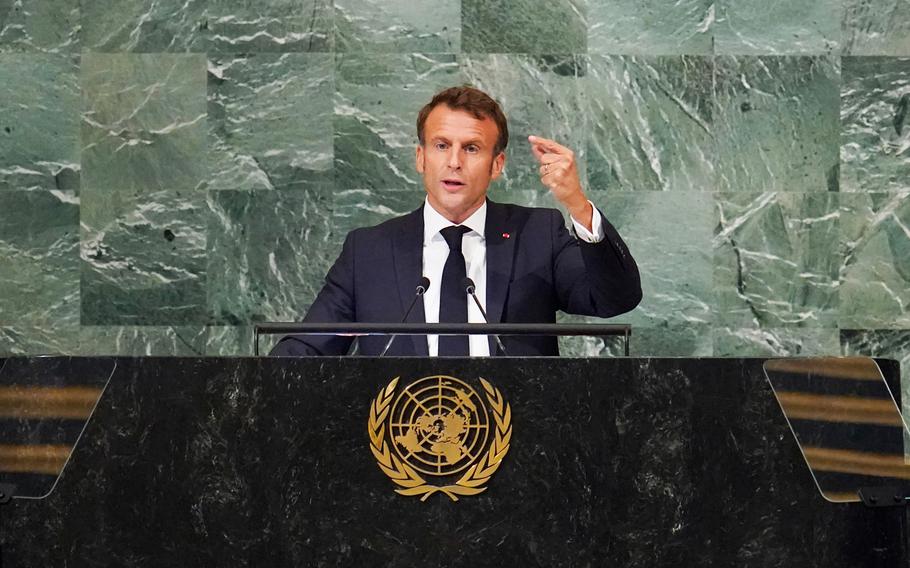 President of France Emmanuel Macron addresses the 77th session of the United Nations General Assembly, Tuesday, Sept. 20, 2022 at U.N. headquarters.