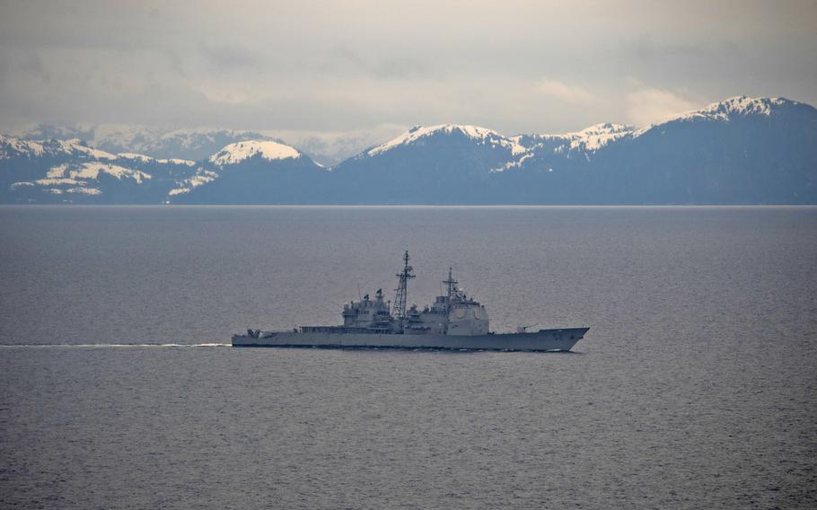 The Ticonderoga-class cruiser USS Bunker Hill transits the Gulf of Alaska as part of the Theodore Roosevelt Carrier Strike Group, May 8, 2021. Over the next five years, the Navy wants to decommission all 17 of its Ticonderoga-class cruisers as part of its 2023 shipbuilding plan. 