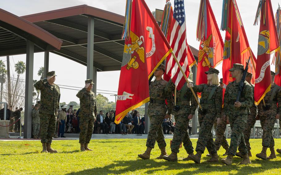 U.S. Marine Corps Lt. Gen. Michael S. Cederholm, incoming commanding general of I Marine Expeditionary Force, left, and U.S. Marine Corps Lt. Gen. Bradford J. Gering, outgoing commanding general of I MEF, render honors during a pass and review during the I MEF change of command ceremony at Marine Corps Base Camp Pendleton, California, Feb. 16, 2024. Lt. Gen. Bradford J. Gering relinquished command of I MEF to Lt. Gen. Michael S. Cederholm.