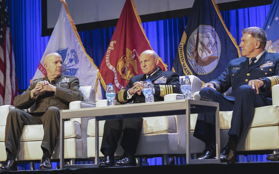 Marine Corps Commandant Gen. David Berger, Chief of Naval Operations Adm. Mike Gilday, and Coast Guard Commandant Adm. Karl Schultz during the West 2022 conference at the San Diego Convention Center on Friday, Feb. 18, 2022.