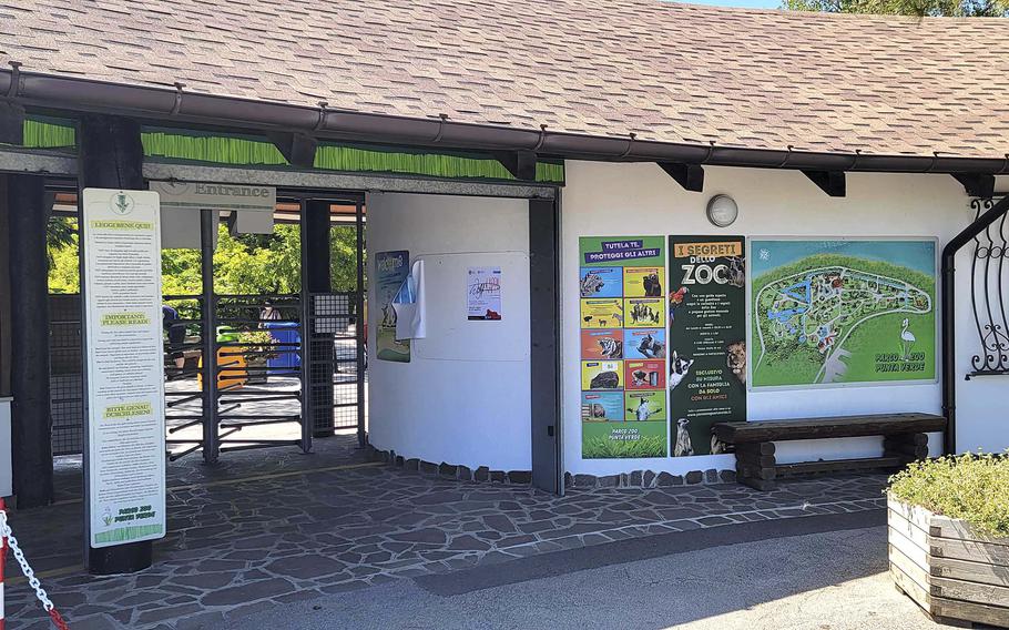 The main entrance to the Parco Zoo Punta Verde in Lignano Sabbiadoro, Italy. The zoo is home to hundreds of animal species.