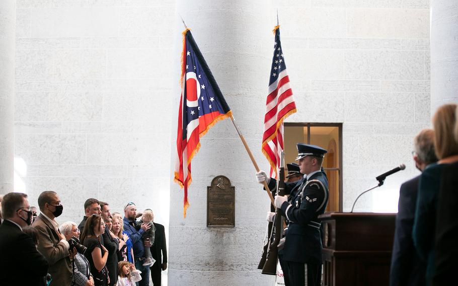 The Ohio Air National Guard, presents the colors at the induction ceremony for the Ohio Military Hall of Fame for Valor class of 2021, Friday, September 24, 2021.