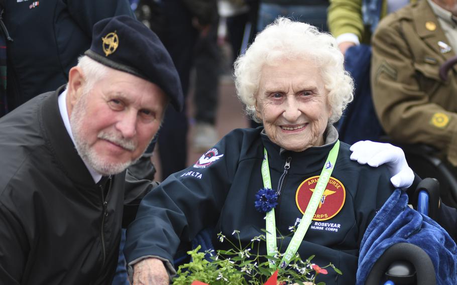 Betty Huffman-Rosevear, a second lieutenant in the Army Nurse Corps during World War II, attends the D-Day anniversary ceremony at Normandy American Cemetery on Tuesday, June 6, 2023. Having just celebrated her 102nd birthday on Saturday, she said it was “an honor” to be at the ceremony.