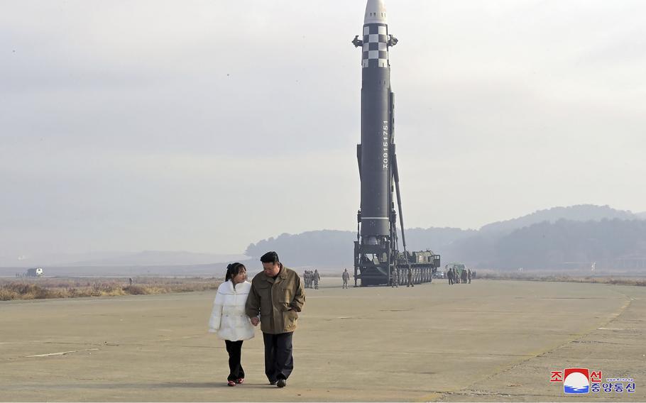 This photo provided on Nov. 19, 2022, by the North Korean government shows North Korean leader Kim Jong Un, right, and his daughter inspect the site of a missile launch at Pyongyang International Airport in Pyongyang, North Korea, Friday, Nov. 18, 2022. North Korea’s state media said its leader Kim oversaw the launch of the Hwasong-17 missile, a day after its neighbors said they had detected the launch of an ICBM potentially capable of reaching the continental U.S.