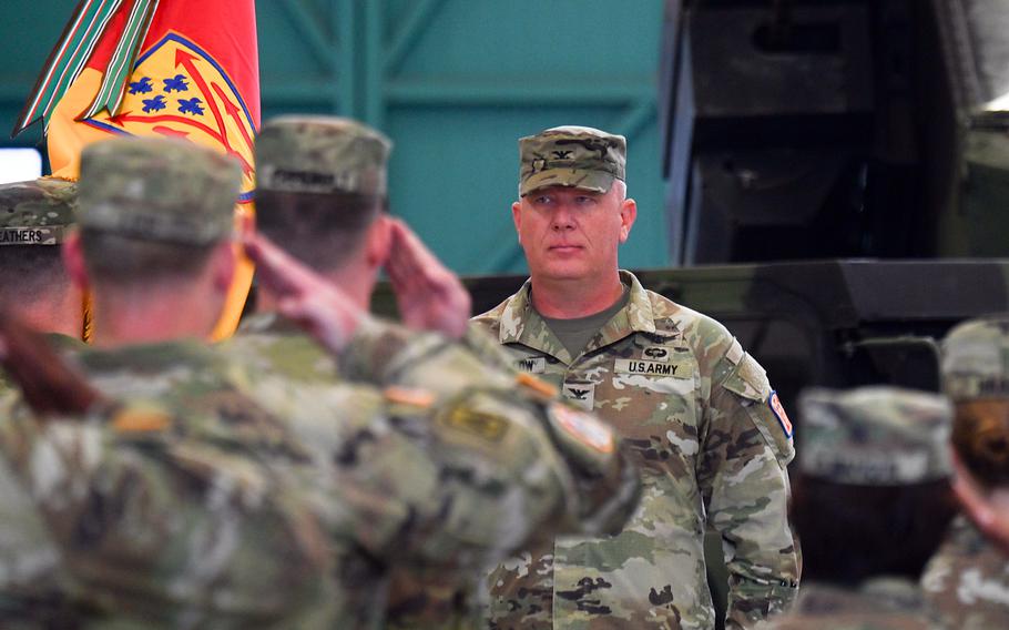 Col. Bruce Bredlow, commander of the 52nd Air Defense Brigade, stands in front of his formation during an assumption of command ceremony for the 5th Battalion, 4th Air Defense Artillery Regiment on Aug. 2, 2023, in Ansbach, Germany.