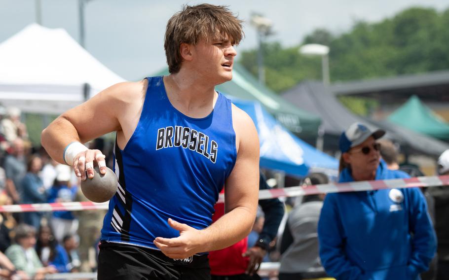 Sawyer Ter Horst of Brussels won the boys shot put competition at the 2025 DODEA European Track and Field Championships with a throw of 43 feet 10¼ inches on May 22, 2025.