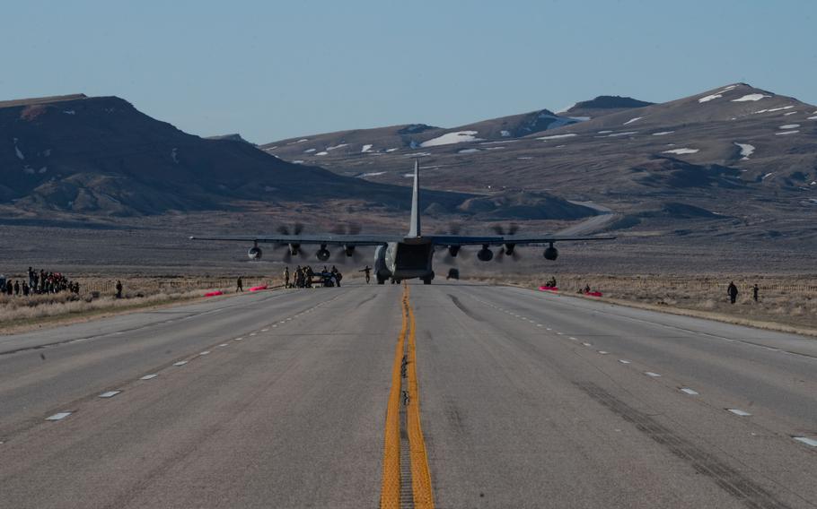 An MC-130J Commando II lands on state Route 287 near Rawlins, Wyo., during Exercise Agile Chariot on April 30, 2023. The ability to land on civilian roads lets military flight crews access areas far from traditional airfields. 