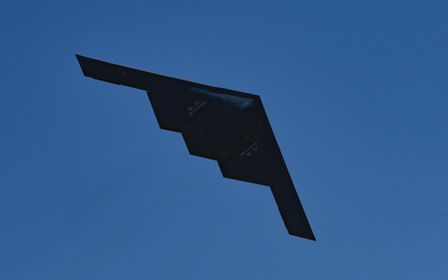 A B-2 Spirit flies over Whiteman Air Force Base, Mo., in 2019. U.S. stealth bombers and precision missile strikes could be among White House options to deliver the promised catastrophic consequences if Russian President Vladimir Putin orders a tactical nuclear strike on Ukraine.