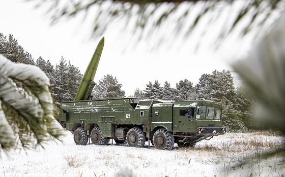 A Russian Iskander short-range ballistic missile system during military exercises in 2019. Tactical nuclear weapons are likely to play a larger role in Russia's strategy for countering NATO, according to a new study authored for U.S. European Command by the International Institute for Strategic Studies.



