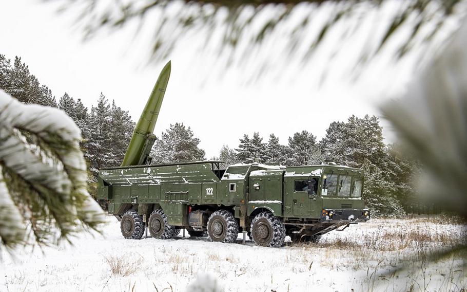 A Russian Iskander short-range ballistic missile system during military exercises in 2019. Tactical nuclear weapons are likely to play a larger role in Russia's strategy for countering NATO, according to a new study authored for U.S. European Command by the International Institute for Strategic Studies.