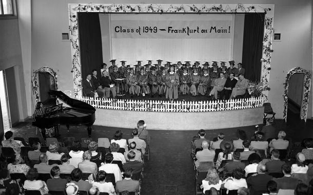 Hed: Class of 1949

Frankfurt, Germany, June 8, 1949: Dorothy Patterson sings a solo during the graduation ceremony which awarded her and 32 of her fellow seniors from Frankfurt Dependents High School - and one from Berlin High School - their graduation diplomas June 8, 1949 in the Frankfurt’s school auditorium. The Frankfurt graduates were – in alphabetical order: George R. Batchelder, Mark G. Brislawn, Eugene I. Burke, Jane Marie Collings, Nancy Louise Dalton, Dorothy Ann Daniell, June Diane DeMartino, Dona Faye Gresham, Sherman L. Hill, Joseph Hoffmann, Sheila Anne Hunt (valedictorian), Mary Edna James, John L. Jergensen, Barbara L. Larter, Patrick J. Lynch, John E. Martling, Helen Irene Marymee, Neil S. McCartney, Adrienne J. Miller, Barbara M. Muth, Harry H. Neumann, David C. Nunn, Sallie Sue Nunn (class salutatorian), Alva Lois Pach, Dorothy J. Patterson, Charles T. Raabe, Frank M. Roberts, Beverly Anne Ross, Millicent Gail Seely, Bill R. Skaggs, John V. Skinner, James B. Smith and Claire Tessier. Eloise V. Sullivan received her diploma as the lone Berlin school’s graduate.

Check out Stars and Stripes Europe Community Kids pages for gratulations for the Class of 2025!
https://europe.stripes.com/kids/

META TAGS: Europe; DODDS; DODEA; eductation; graduation ceremony; military life; military family; military brats; military children; Department of Defense Education Activity; Department of Defense Dependents Schools