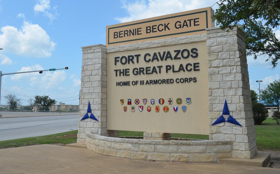 The Bernie Beck Gate at Fort Cavazos, Texas, on May 23, 2023.