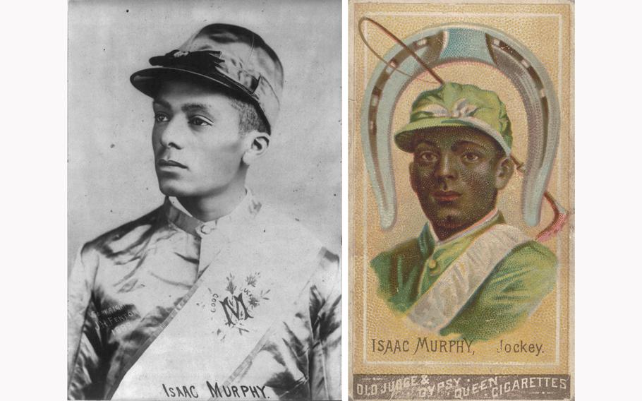 At left, is seen a portrait of Isaac Murphy in jockey uniform, c. 1895, He won his first of three Kentucky Derby crowns in 1884. At right, a portrait of Murphy is seen on a cigarette card for Goodwin & Co. 