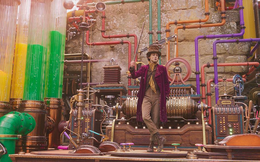 Timothee Chalamet plays the magical chocolatier in his earlier years in “Wonka.”