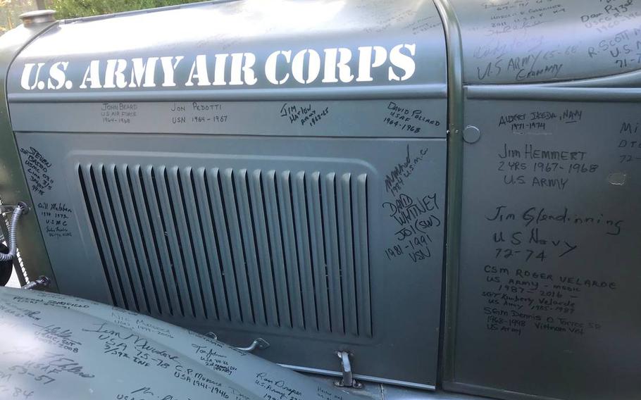 More than 700 signatures from U.S. military veterans adorn the 1931 Model A Ford town car that Jay Burbank converted to look like a World War II Army Air Corps General’s staff car.