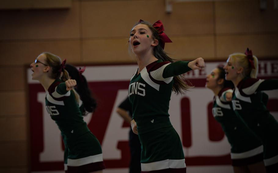 The AFNORTH Lions Cheerleaders perform a halftime dance at center court during the DODEA-Europe Division III girls basketball title game in Kaiserslautern, Germany, on Saturday, Feb. 26, 2022.