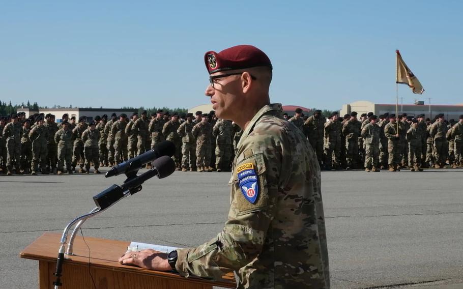 11th Airborne Division leader Maj. Gen. Brian Eifler speaks to the newly-patched Arctic Angels at the activation of the 11th Airborne Division. The former Army Alaska headquarters and the Alaska-based 1st and 4th Brigade Combat Teams of the 25th Infantry Division were rolled into the division.