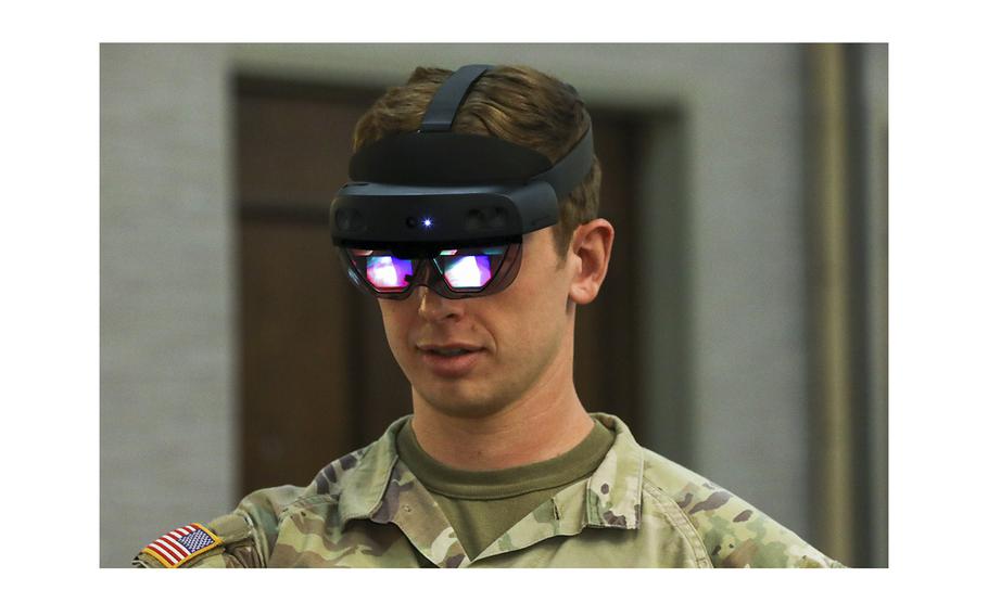 A U.S. Army officer uses an augmented reality headset prototype during 3rd ID’s Augmented Reality for Maintenance Training Executive Demonstration and Information Day, at Fort Stewart, Georgia, March 4, 2022. 