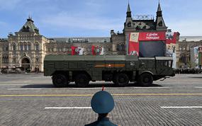 A Russian Iskander-M missile launcher parades through Red Square during the general rehearsal of the Victory Day military parade in central Moscow on May 7, 2022. (Kirill Kudryavtsev/AFP via Getty Images/TNS)