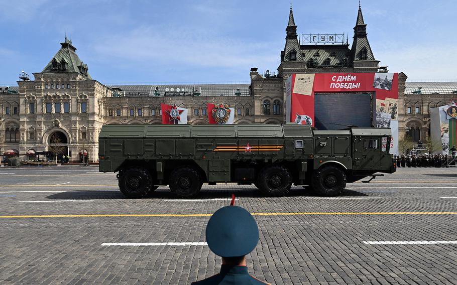 A Russian Iskander-M missile launcher parades through Red Square during the general rehearsal of the Victory Day military parade in central Moscow on May 7, 2022.