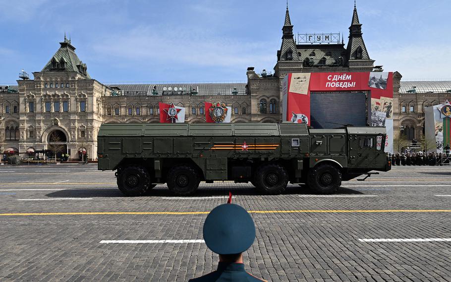 A Russian Iskander-M missile launcher parades through Red Square during the general rehearsal of the Victory Day military parade in central Moscow on May 7, 2022. 