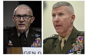 At left, Gen. Randy George answers questions Wednesday, July 12, 2023, during a Senate Armed Services Committee hearing on Capitol Hill in Washington, D.C., to consider his nomination to be the next chief of staff of the Army. At right, Assistant Commandant of the Marine Corps Gen. Eric Smith testifies before the House Armed Services Committee on Readiness for the Marine Corps’ fiscal year 2024 budget request, in Washington, D.C., April 19, 2023. (Carlos Bongioanni/S&S, left; Eric Dietrich/U.S. Air Force, right)