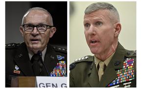 At left, Gen. Randy George answers questions Wednesday, July 12, 2023, during a Senate Armed Services Committee hearing on Capitol Hill in Washington, D.C., to consider his nomination to be the next chief of staff of the Army. At right, Assistant Commandant of the Marine Corps Gen. Eric Smith testifies before the House Armed Services Committee on Readiness for the Marine Corps’ fiscal year 2024 budget request, in Washington, D.C., April 19, 2023. (Carlos Bongioanni/S&S, left; Eric Dietrich/U.S. Air Force, right)