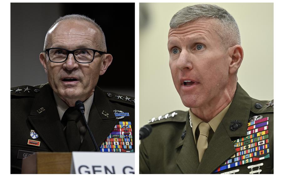 At left, Army Gen. Randy George in July 2023 at a Senate Armed Services Committee hearing. At right, Marine Corps Gen. Eric Smith in April 2023 at a House Armed Services Committee. 