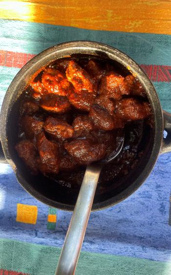 Gored gored is an east African dish served at Mama of Africa restaurant in Wiesbaden, Germany. It consists of cubed beef cooked in clarified butter and seasoned with berbere, mitmita and awaze.