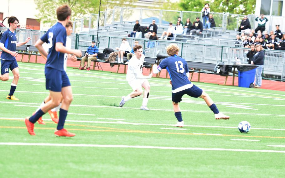 Jackson Shorey takes a shot on goal.