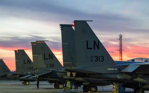 U.S. Air Force F-15E Strike Eagles assigned to the 494th Fighter Squadron sit on the flight line at RAF Lakenheath, England, in October 2023. Federal government website solicitations indicate that the U.S. may be moving some of its nuclear weapons to the base.