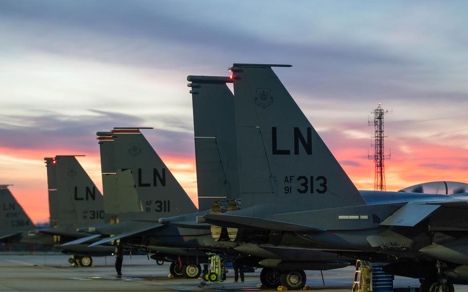 U.S. Air Force F-15E Strike Eagles assigned to the 494th Fighter Squadron sit on the flight line at RAF Lakenheath, England, in October 2023. Fighter planes from the squadron shot down Iranian drones headed for Israel, White House officials said Sunday, April 14, 2024.