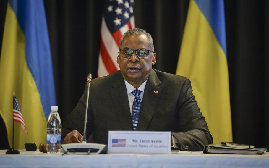 U.S. Defense Secretary Lloyd Austin gives opening remarks on military cooperation during the Ukraine Defense Contact Group meeting April 21, 2023, at Ramstein Air Base in Germany. Austin said the U.S. will be delivering Abrams tanks to Germany in May to help train Ukraine troops to use them.