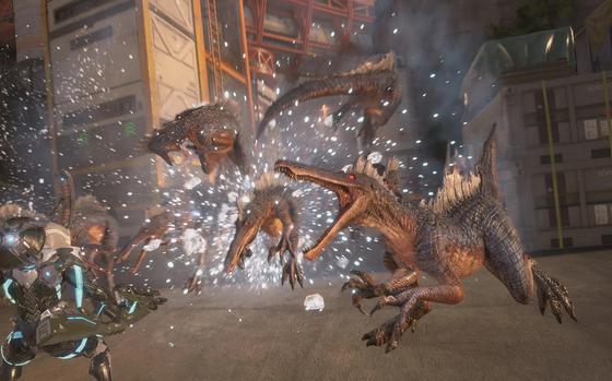 Suchomimus, a long-nosed bipedal dinosaur, attacks players in Exoprimal.