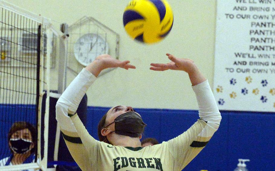 Robert D. Edgren's Alanna Sanchez sets against Nile C. Kinnick during Saturday's Japan girls volleyball match. The Eagles won in straight sets, improving to 10-0 on the season without dropping a set.