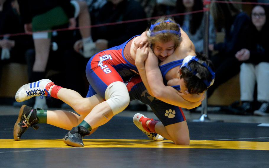 In an all-Ramstein 106-pound final at the 2023 DODEA-Europe wrestling championships, in Wiesbaden, Germany, Cole Santos defeated teammate September Snyder.