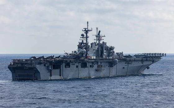 U.S. Navy amphibious assault ship USS Bataan transits the Mediterranean Sea, Feb. 25, 2024. The Bataan Amphibious Ready Group and 26th Marine Expeditionary Unit left the Mediterranean on March 5, 2024 to return to the U.S. after a nearly eight-month deployment.
