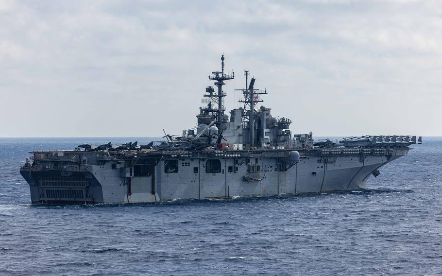 U.S. Navy amphibious assault ship USS Bataan transits the Mediterranean Sea, Feb. 25, 2024. The Bataan Amphibious Ready Group and 26th Marine Expeditionary Unit left the Mediterranean on March 6, 2024 to return to the U.S. after a nearly eight-month deployment.