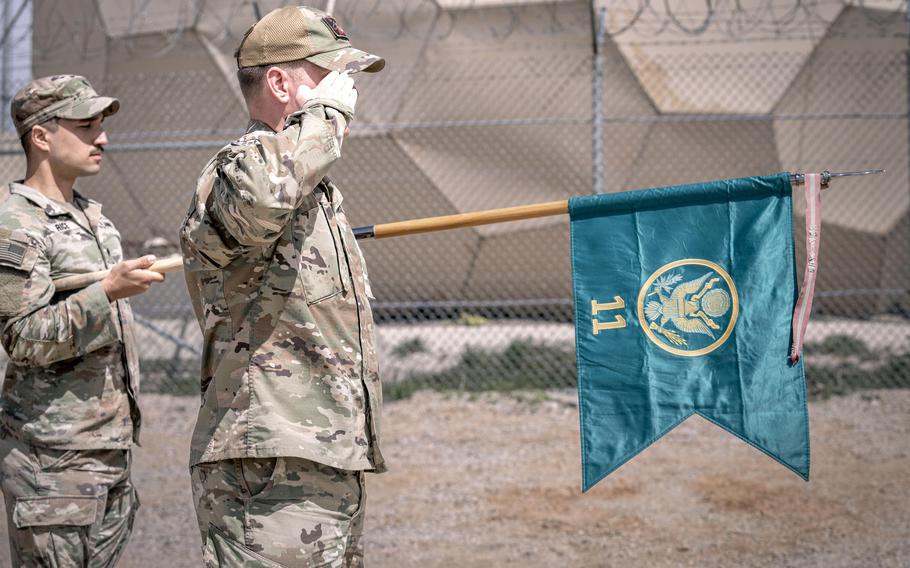 Army 1st Sgt. Jeffrey Powell joins in a ribbon cutting ceremony May 18, 2023, in Turkey for the 11th Missile Defense Battery's new operational headquarters building.