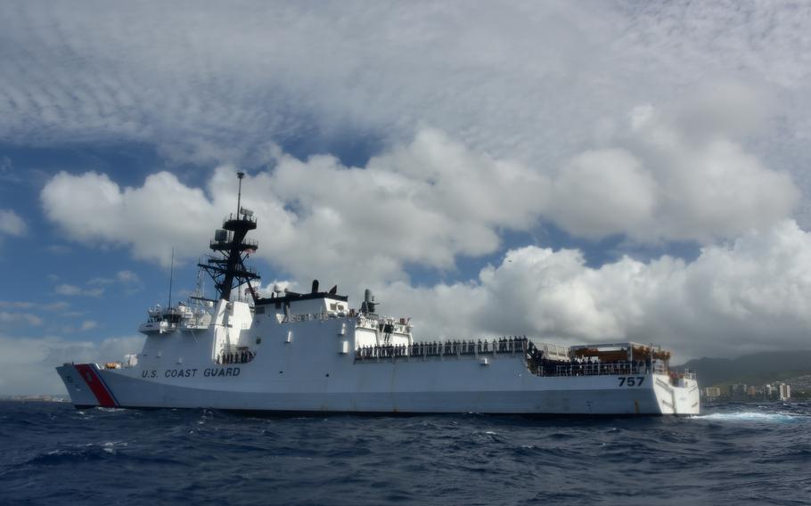 Crewmembers from Coast Guard Cutter Midgett (WMSL 757) line the rails as the ship prepares to enter its new homeport in Honolulu for the first time in August 2019. A $91.5 billion bill making its way through Congress funding programs under the U.S. Department of Homeland Security includes provisions to continue supporting an increased U.S. Coast Guard presence in the Pacific.