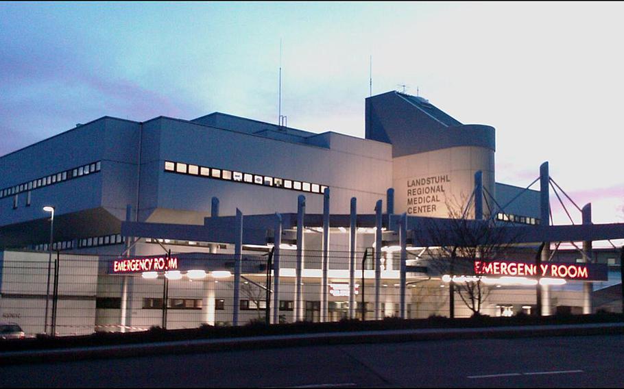 Landstuhl Regional Medical Center in Germany, as seen at dusk. The Defense Department health care system in Europe has one pediatrician assigned to treating transgender children and is no longer taking new patients who need such treatment.