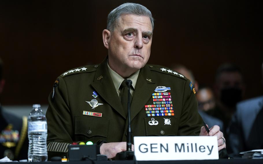 Chairman of the Joint Chiefs of Staff Gen. Mark Milley listens to a Senator’s question during a Senate Armed Services Committee hearing on the conclusion of military operations in Afghanistan and plans for future counterterrorism operations, Tuesday, Sept. 28, 2021, on Capitol Hill in Washington. 