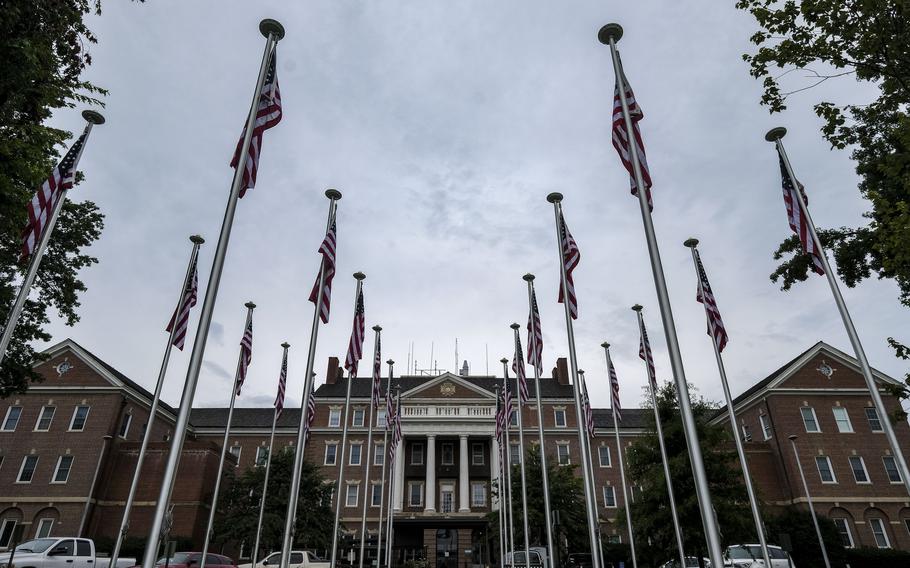 Flags fly at Veterans Health Care Center of the Ozarks on Aug. 22, 2019.