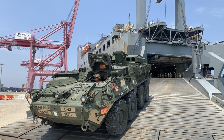 A Stryker vehicle assigned to 2nd Stryker Brigade Combat Team, 4th Infantry Division, unloads at the Port of Pohang in the Republic of Korea on June 10, 2023. 