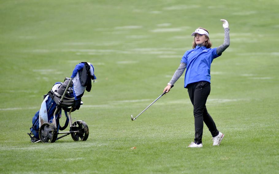 Victoria Bonavita of Rota finishes her swing at the No. 6 hole during the DODEA European championships at Rheinblick Golf Course in Wiesbaden, Germany.