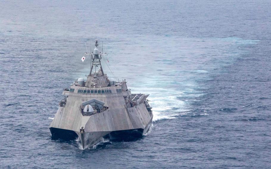  Independence-variant littoral combat ship USS Charleston navigates the South China Sea on Feb. 5, 2023.