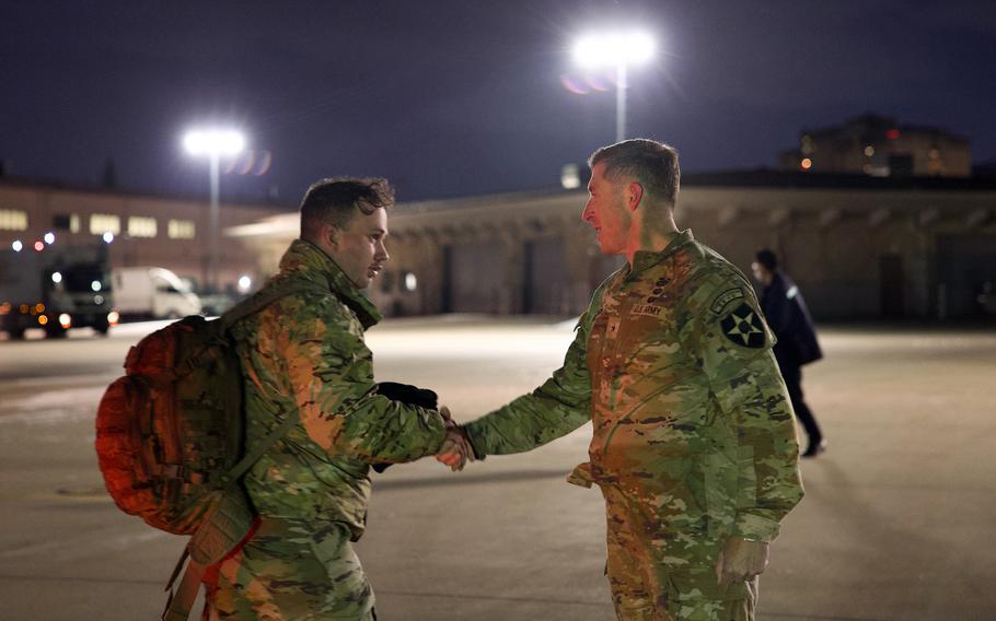Army Brig. Gen. Brandon Anderson of the 2nd Infantry Division welcomes 3rd Cavalry Regiment soldiers to Osan Air Base, South Korea, Jan. 23, 2024. 