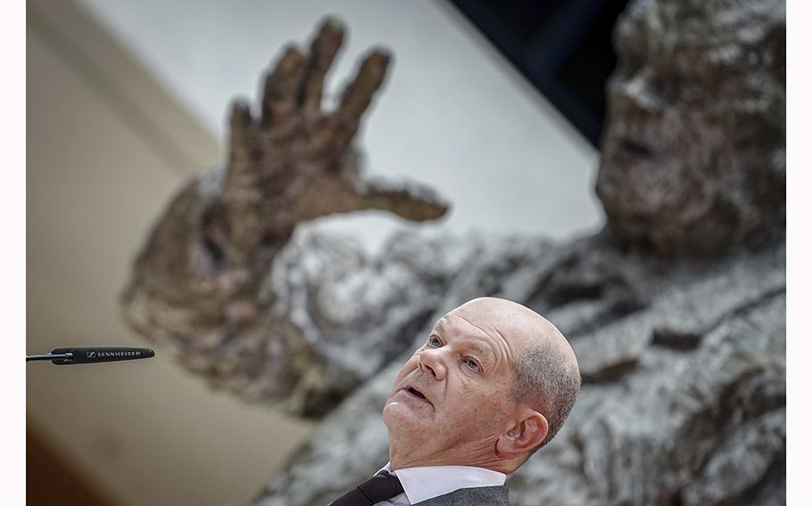 German Chancellor Olaf Scholz speaks at an event in Berlin, on Tuesday, May 23, 2023.