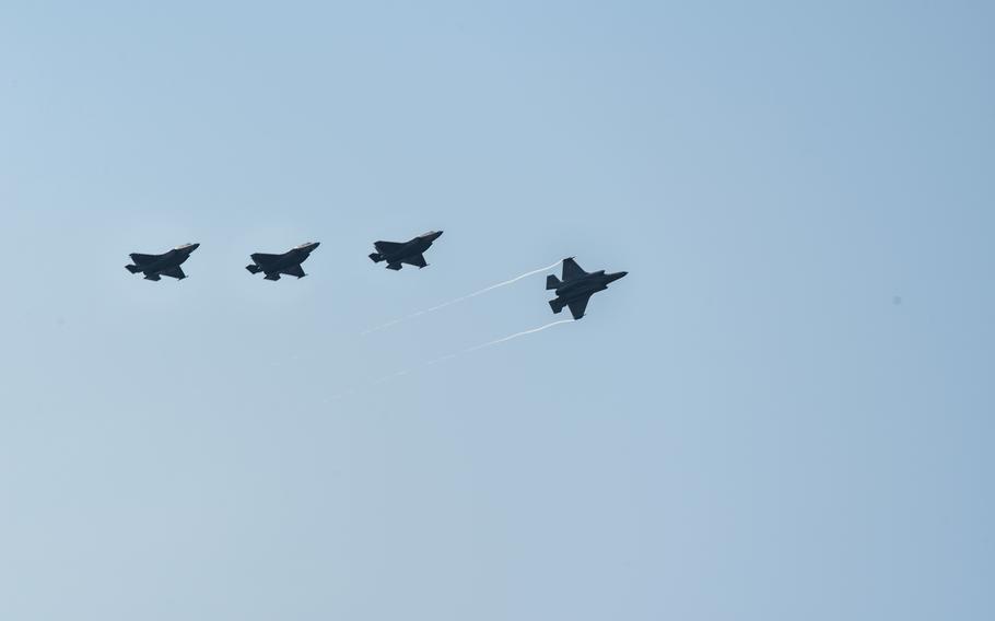 Four Marine Corps F-35B Lightning II stealth fighters from Iwakuni, Japan, prepare to land at Kunsan Air Base, South Korea, Oct. 31, 2022.