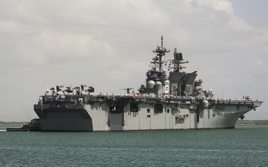 The USS America pulls into Naval Station Guantanamo Bay, Cuba, July 21, 2014. The secretary of the Navy announced Dec. 13, 2022, that a future ship of the America class will be named the USS Fallujah to commemorate battles fought by Marines in Iraq.   